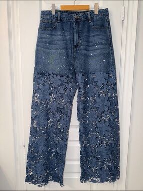 Micas Women’s Blue Denim Jeans with Crochet Lace Panels